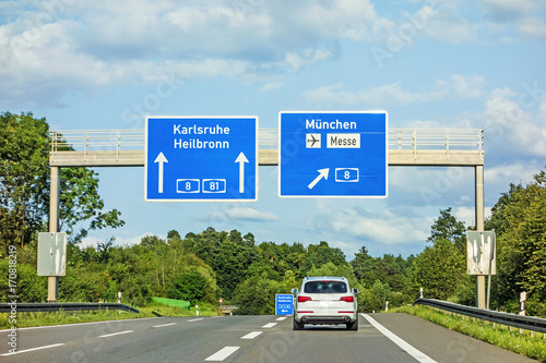 freeway road sign on Autobahn A81, Karlsruhe / Heilbronn - exit Munich / Airport / Mess © aldorado