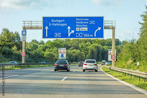 freeway road sign on Autobahn A81, Stuttgart / Vaihingen - Karlsruhe / Heilbronn / Munich