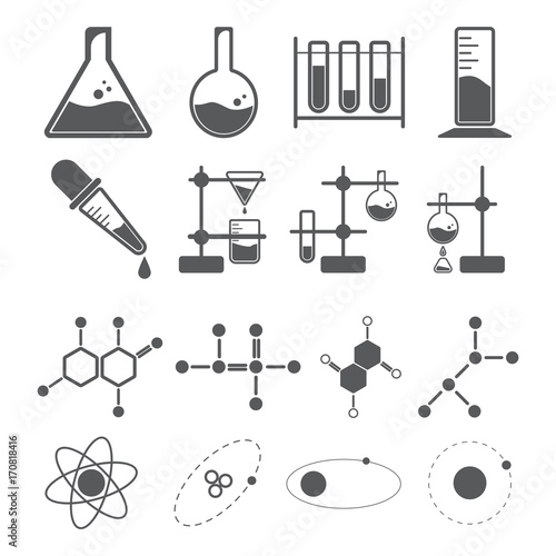 chemistry icon concept, beaker dropper molecular atom in laboratory, solution and research 