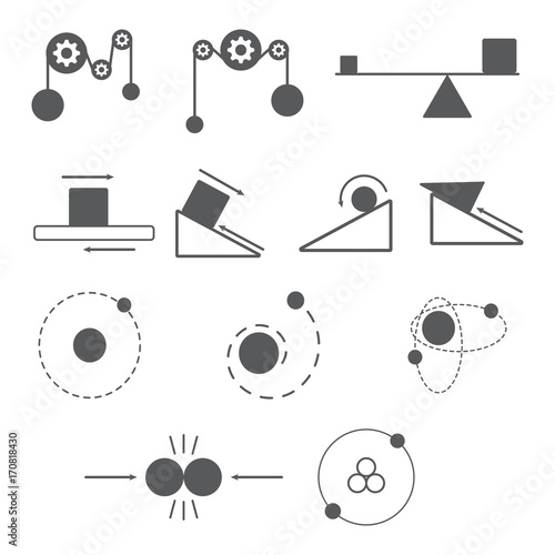 Foto set of physics icon and science, mass, gravity, atom, resistance, nuclear