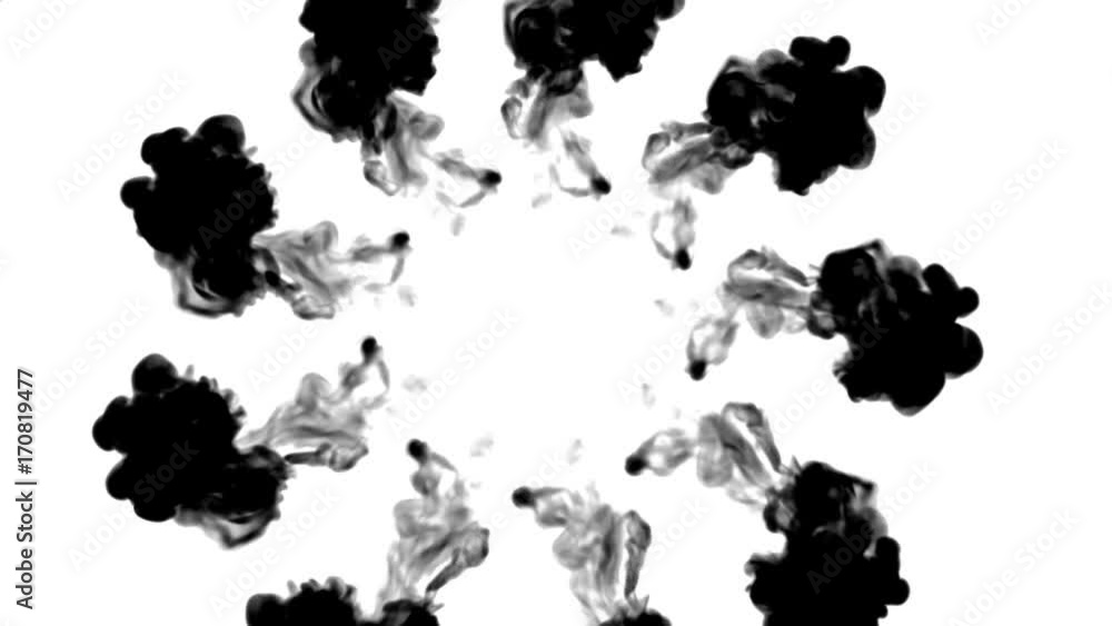 black ink flows form star, ink inject or blow smoke on white in slow
