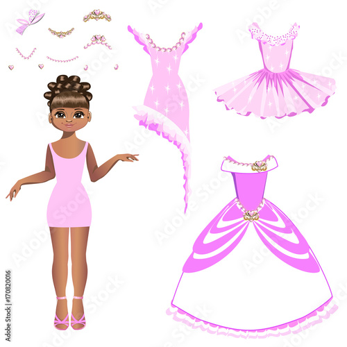 Beautiful princess with a collection of dresses and accessories