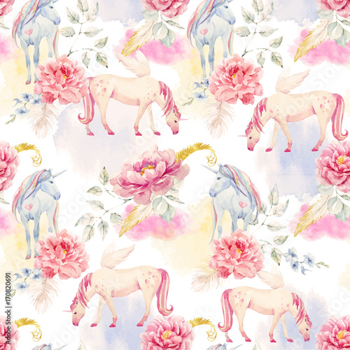 Watercolor vector unicorn and pegasus pattern