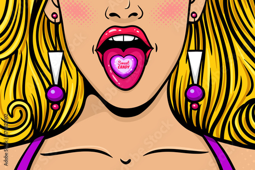Closeup of sexy young woman with long blonde hair, wide open mouth, bright candy on her tongue with Sweet Candy text. Vector colorful background in pop art retro comic style.  Advertising poster.