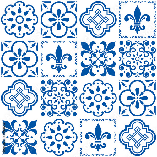 
Portuguese vector tiles pattern, Lisbon seamless indigo blue tile design, Azulejos vintage geometric ceramics
