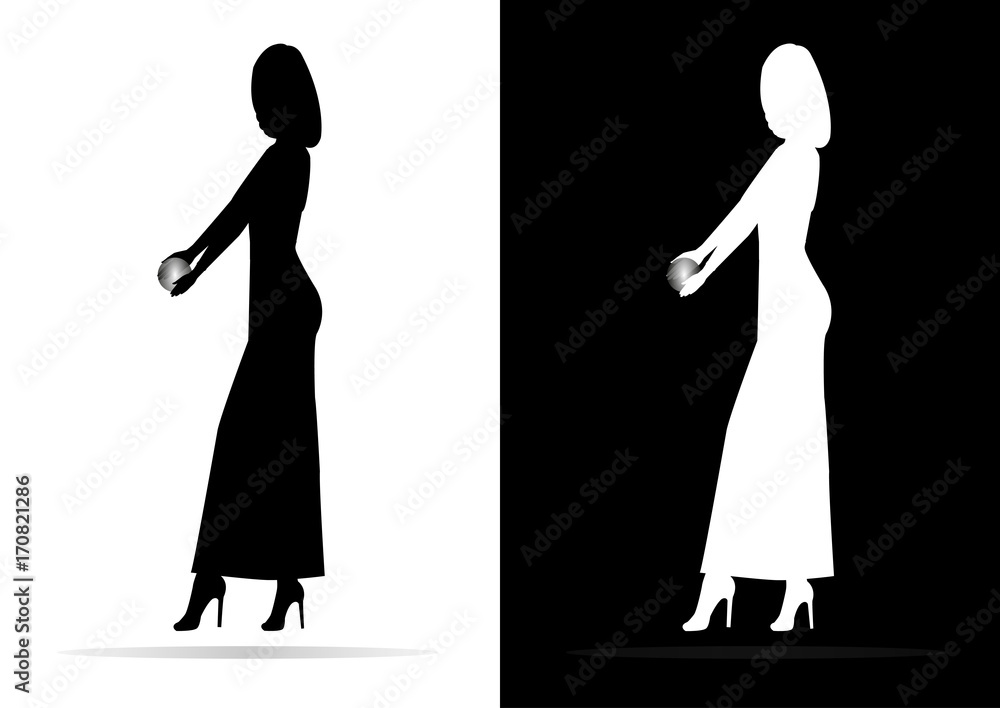 Black and white silhouette of a girl with a ball in hands.