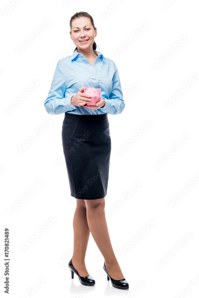 successful businesswoman with piggy bank in hands on white background isolated successful businesswoman with piggy bank in hands on white background isolated