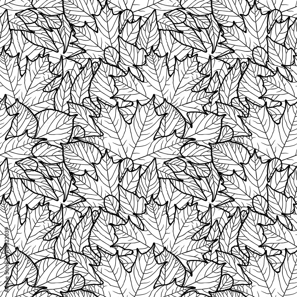 Seamless pattern with leaves. Black and white outline vector image. Adult coloring page Seamless pattern with leaves. Black and white outline vector image. Adult coloring page