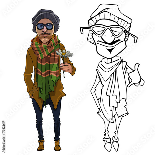 cartoon man in warm clothes with a flower in his hand
