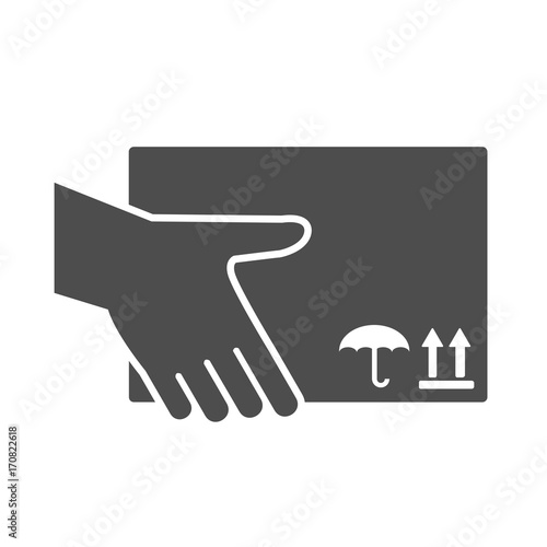 Hand holding package icon. Delivery concept
