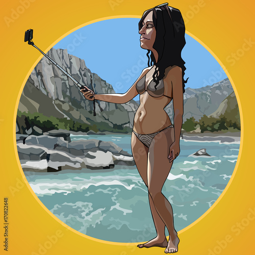 Cartoon woman in a swimsuit takes a picture of herself on a beach background