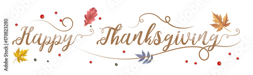Happy thanksgiving day, autumn holiday background. Happy Thanksgiving Day. Vector Illustration with Hand Lettered Text. Happy Thanksgiving text with fall leaves