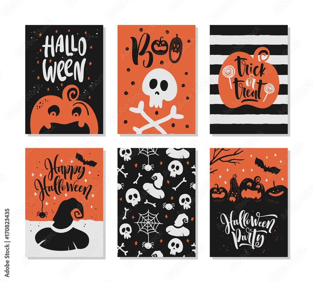 Set of Halloween hand drawn greeting card with calligraphy quotes, words and phrases. Set of Halloween hand drawn greeting card with calligraphy quotes, words and phrases.