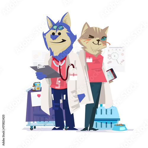 veterinarian dog and cat character design. doctor and nurse - vector