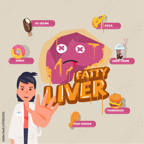 fatty liver character design with dangerous fastfood - vector