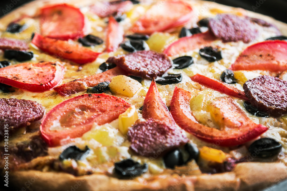 pizza with salami, mushrooms and cheese homemade. shallow depth of field. soft focus pizza with salami, mushrooms and cheese homemade. shallow depth of field. soft focus