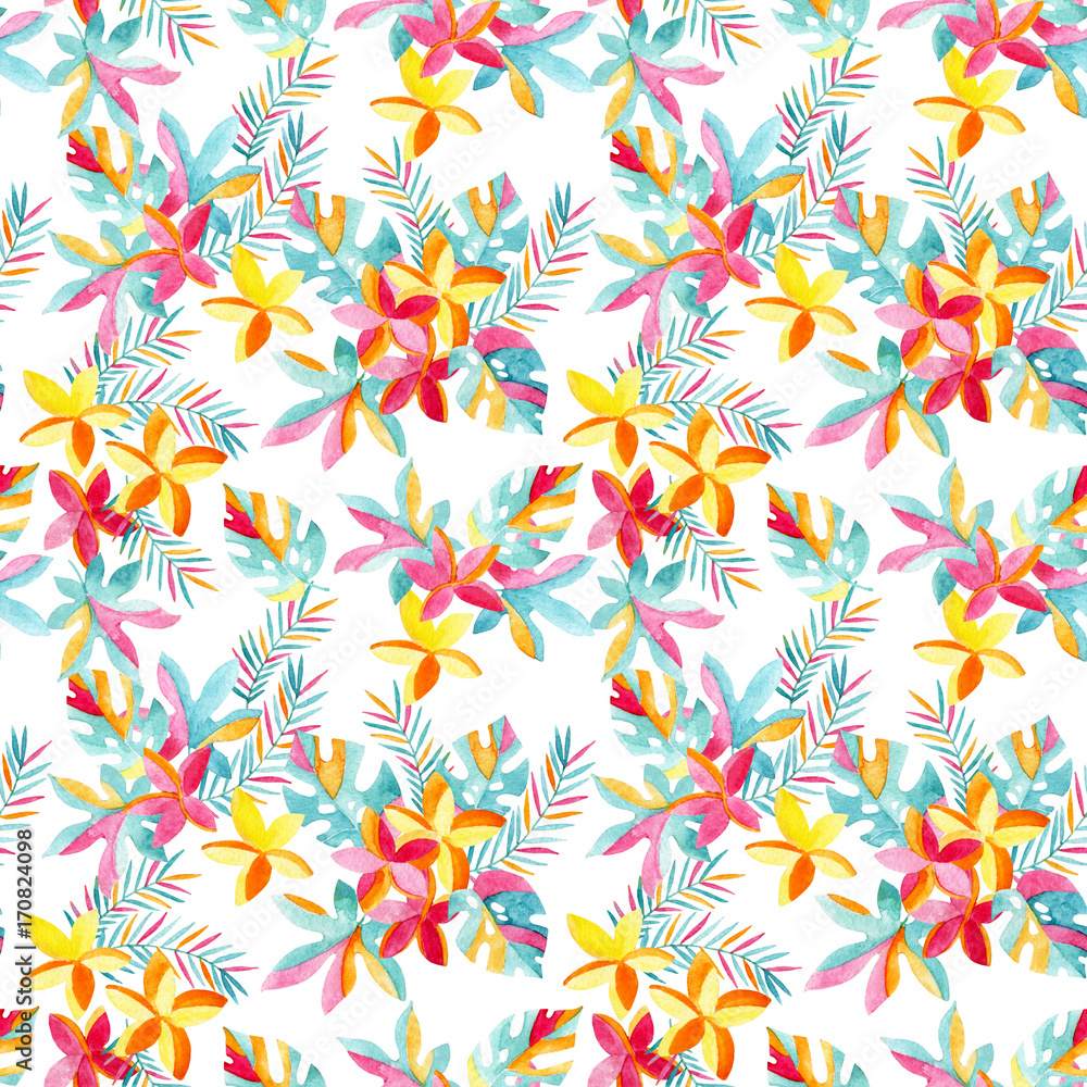 Watercolor exotic flowers and leaves background. Watercolor exotic flowers and leaves background.