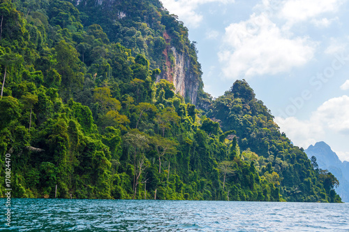 Beautiful mountains lake river sky and natural attractions in Ratchaprapha Dam at Khao Sok National Park, Surat Thani Province, Thailand