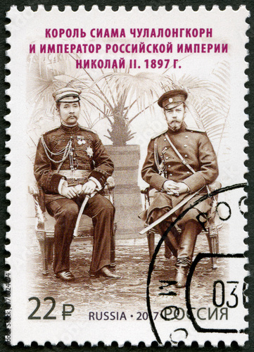 RUSSIA - 2017: shows Nikolai Romanov Nicholas II (1868-1918), the emperor with King Chulalongkorn (King Rama V), Joint Issue of Russia and Thailand photo