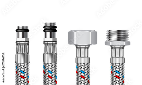 Set of different water fittings with segments of braided hose. Vector realistic illustration.