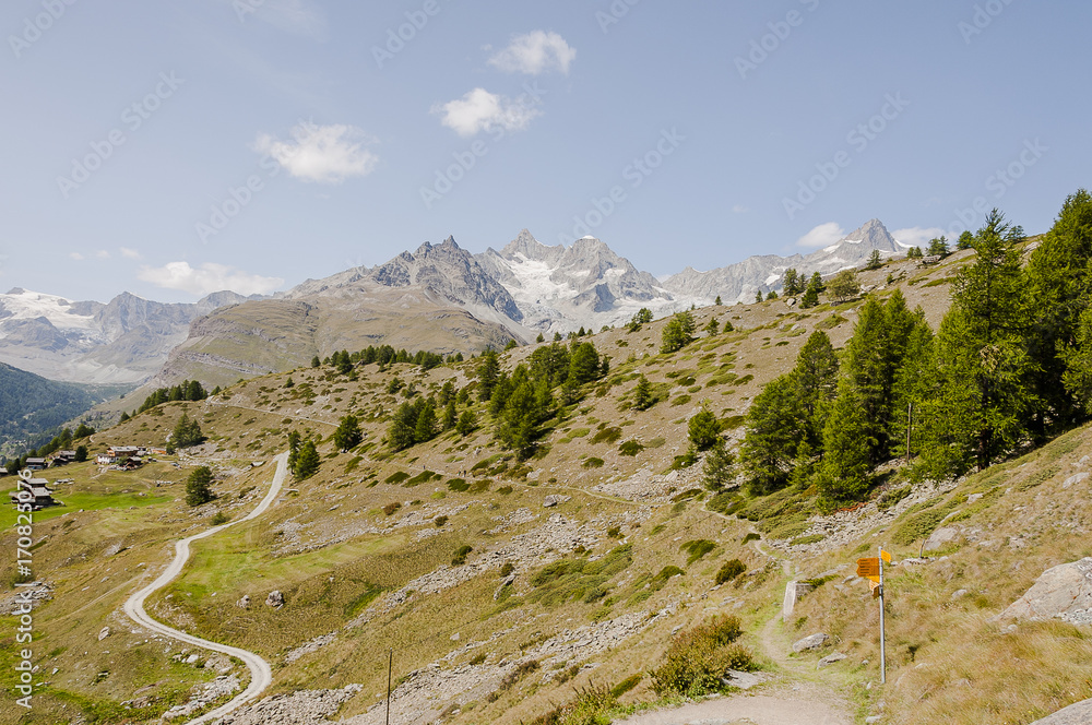 Zermatt, Dorf, Findeln, Sunnegga, Wanderweg, Weiler, Alpen, Wellenkuppe, Dent Blanche, Findelbach, Wallis, Sommer, Schweiz