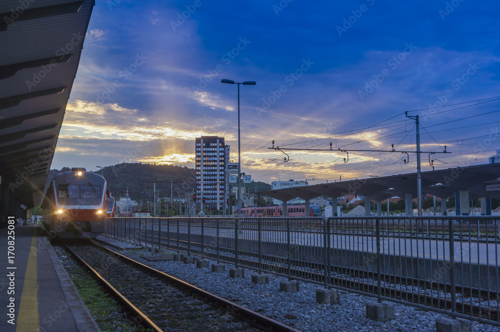 Fototapeta premium Ljubljana train station at sunset.