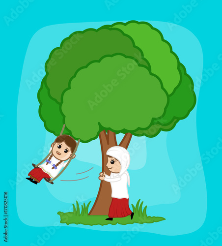Cartoon Girl Swinging with Her Mother