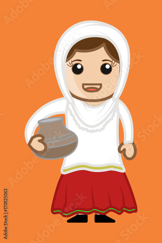Happy Cartoon desi Woman Holding Pitcher Vector