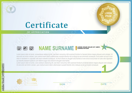 White official certificate with green blue modern border and gold emblem. Autumn summer colors. Template may use for business, education background