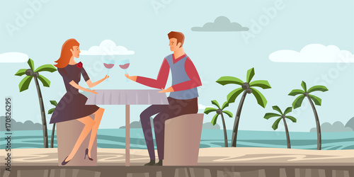 Young couple in love. Man and woman on a romantic date on a tropical beach with palm trees. Romantic dinner by the sea. Vector illustration.