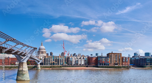 Panoramic view with Millenium bridge and St Paul in London