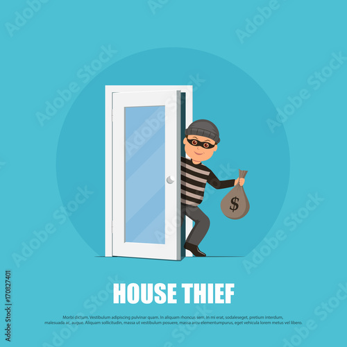 Thief in a mask holding a money bag and sneaks through the door. Cartoon burglar in flat style.