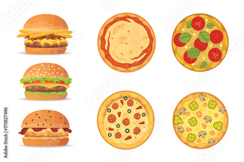 Vector illustration of various fast food. Cartoon pizza and burger isolated illustration