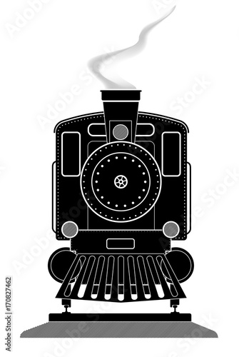 Profile front view of an old locomotive on rails. Black and white vector