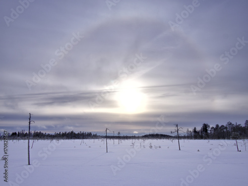 Halo around the sun on half cloudy sky in Finnish snow covered wilderness.