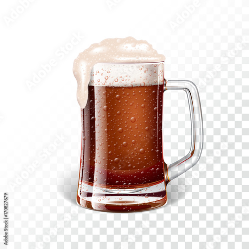 Vector illustration with fresh dark beer in a beer mug on transparent background.