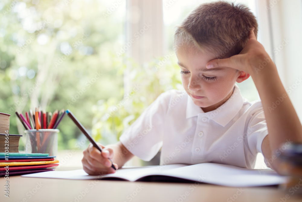 Boy writing doing his school work or homework Boy writing doing his school work or homework