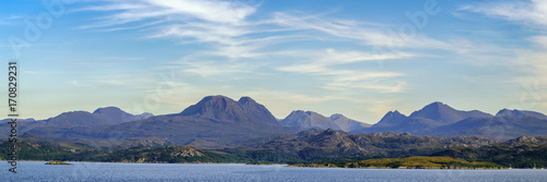 Panoramic view of the spectacular Torridon Mountains on the Scottish Highlands, Wester Ross, Scotland, UK