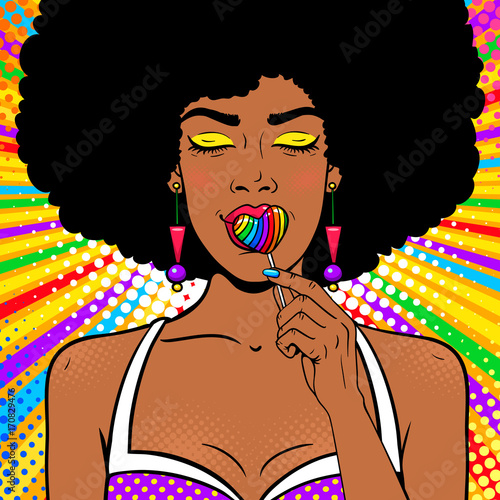 Pop art female face. Sexy african american woman with afro hair, closed eyes, open mouth, bright rainbow lollipop in form of heart in her hand. Vector background in pop art retro comic style.