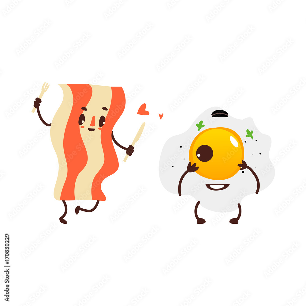 Funny smiling sunny side up egg and fried bacon character, perfect