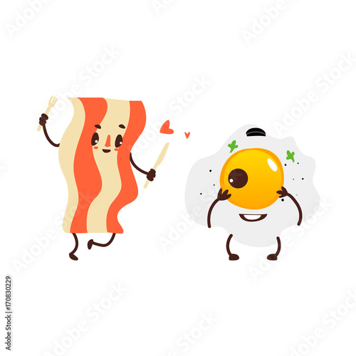 Funny smiling sunny side up egg and fried bacon character, perfect combination, cartoon vector illustration isolated on white background. Funny fried egg and bacon, two smiling breakfast characters