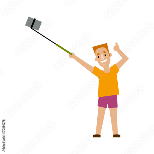 Young man making selfie with phone and monopod on summer vacation, flat style cartoon vector illustration isolated on white background. Young man, boy in summer outfit making selfie, showing thumb up