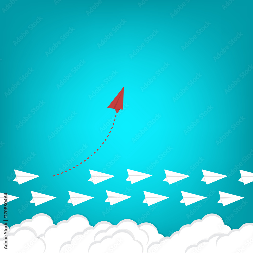 Red airplane changing direction and white ones. New idea, change, trend, courage, creative solution, innovation and unique way concept. Red airplane changing direction and white ones. New idea, change, trend, courage, creative solution, innovation and unique way concept.