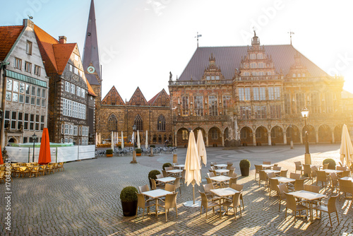 View on the Market square with city hall and Saint Peter cathedral during the morning light in Bremen city, Germany