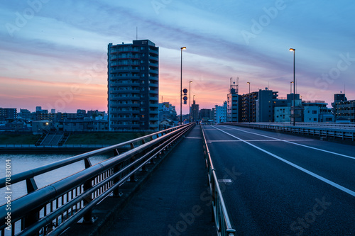 朝焼けの小松川橋、東京