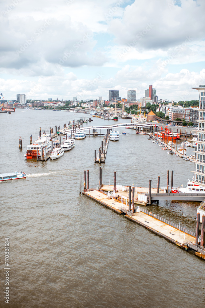 Aerial landscape view on the Elbe river and port in Hamburg city, Germany