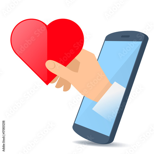 A human hand from the mobile phone's screen holds a heart shape. Modern technology, smart phone apps, liking, friending and following flat concept illustration. Vector design element isolated on white