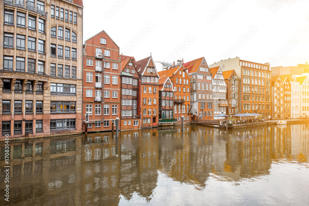Sunset view on the old buildings in Cremon-Insel region of Hamburg city in Germany