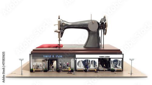 garment industry a concept for the production of branded clothes sewing machine is on the roofs of boutiques 3d render on white