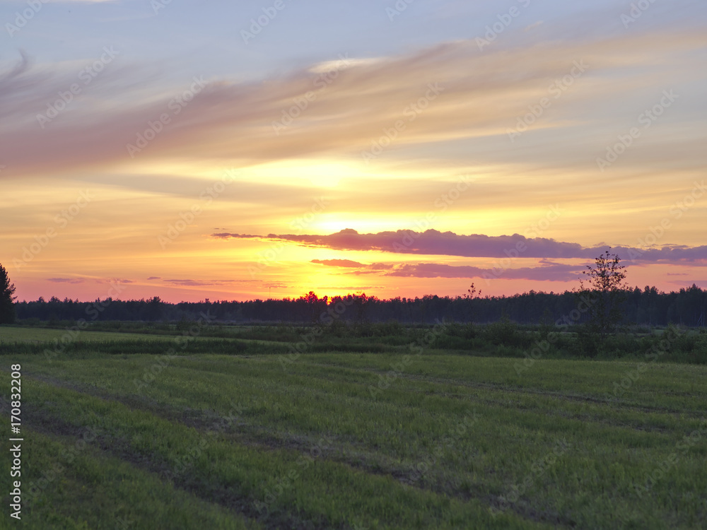Beautiful vivid sunset over rural fields and forest. Natural background.
